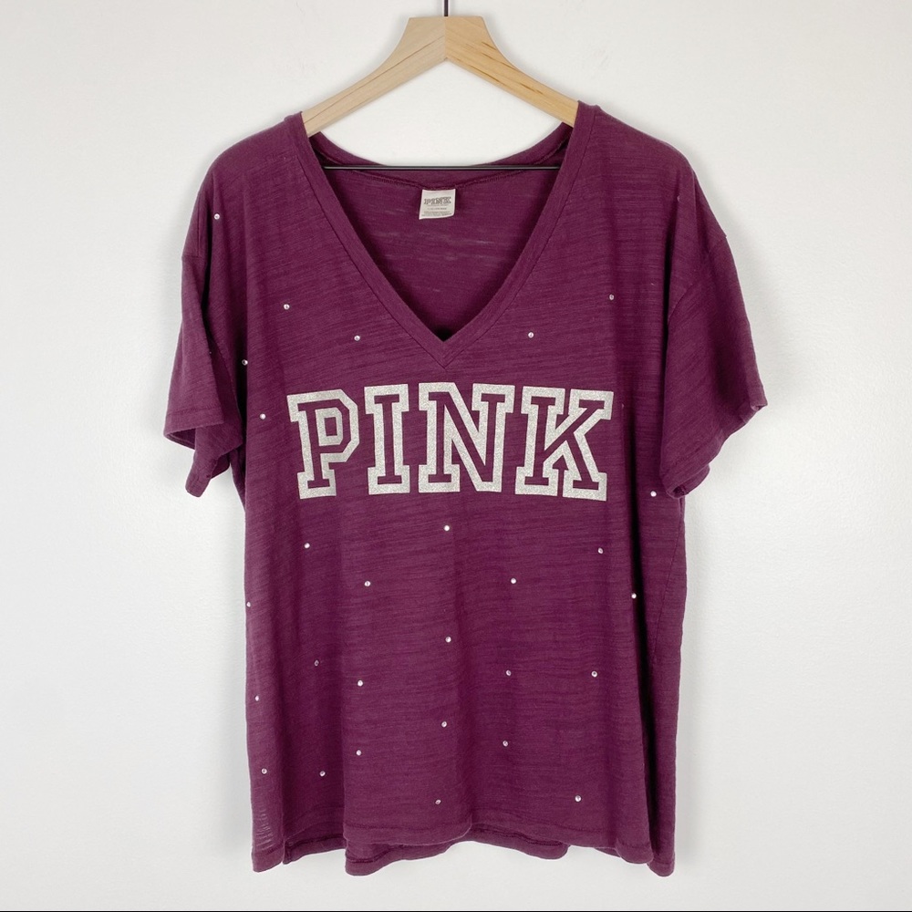 PINK Purple Rhinestone V-Neck Size Large